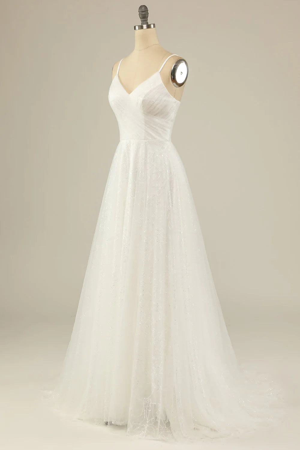 Abito da sposa bianco lungo fino a terra, con scollatura a V, spalline sottili e schiena scoperta